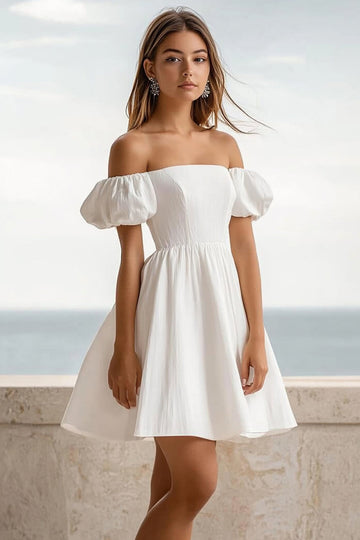 White Off The Shoulder Puff Sleeve Mini Graduation Dress